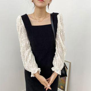 Square-neck Two-tone Corduroy Dress