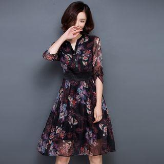 Floral Print V-neck 3/4-sleeve Chiffon Dress