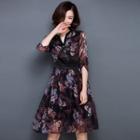 Floral Print V-neck 3/4-sleeve Chiffon Dress