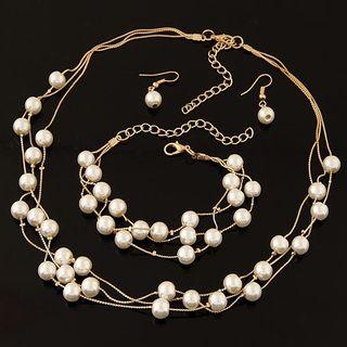 Set: Faux Pearl Necklace + Bracelet + Earrings