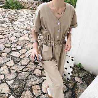 Plain Short Sleeve Straight Cut Jumpsuit