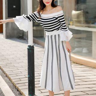 Elbow-sleeve Sweater / Striped A-line Midi Skirt