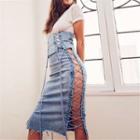 Lace Up Denim Midi Straight-fit Skirt As Shown In Figure - S