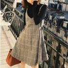 Set: Long-sleeve Mock-neck Top + Strappy Plaid A-line Mini Dress