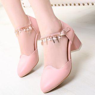 Rhinestone Strap Block Heel Pumps