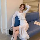 Mock Two Piece Plain Lace Long-sleeve Dress