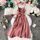 Spaghetti Strap Pinstriped Midi A-line Dress