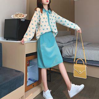 Set: Collared Heart Print Knit Cardigan + Plain Knit Skirt