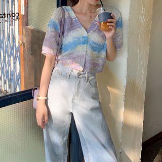 Tie-dye V-neck Short-sleeve Knit Cardigan Purplish Blue - One Size