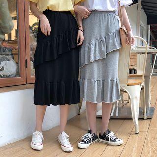 High Waist Ruffle Trim Midi Skirt