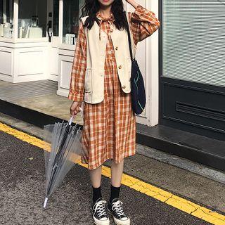 Long-sleeve Midi Plaid A-line Dress / Button Vest