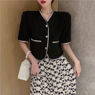 Short-sleeve Button-up Top / Floral Print Midi Skirt