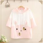 Color-block Rabbit Print Short-sleeve Hoodie As Shown In Figure - One Size