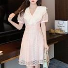 Short-sleeve Wide Collar Lace A-line Dress
