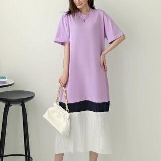 Pleated-hem Color-block Midi Dress