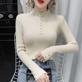 Long-sleeve Mock-neck Henley Knit Top
