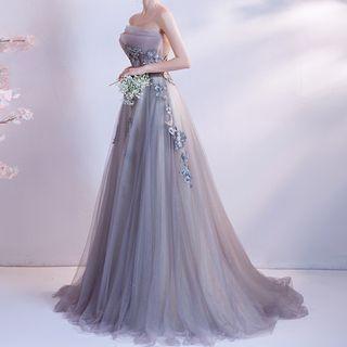 Strapless Floral Embroidered A-line Evening Gown