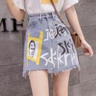 Frayed Hem Printed A-line Mini Denim Skirt