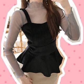 Mesh Long-sleeve Top / Velvet Peplum Camisole Top