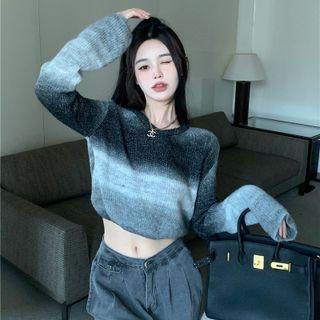 V-neck Tie-dye Print Knit Crop Top Top - Black & White - One Size
