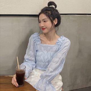 Long-sleeve Square-neck Blouse Blue - One Size