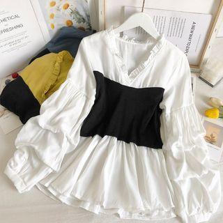 Patchwork Mock Two-piece V-neck Blouse