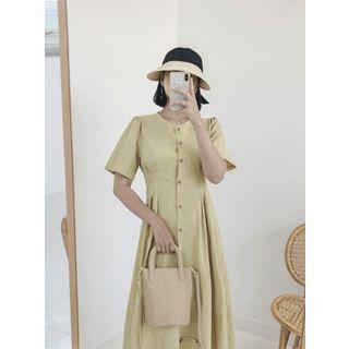 Round-neck Pleated-waist Long Shirtdress