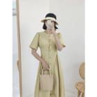 Round-neck Pleated-waist Long Shirtdress