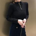 Long-sleeve Mock Neck Zip-detail T-shirt