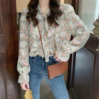Long-sleeve Floral Print Tie-neck Blouse White - One Size