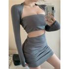 Long-sleeve Shawl / Cutout Waist Mini Tube Dress