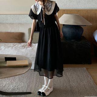 Set: Puff-sleeve Lace Collar Blouse + Midi A-line Skirt Set - Black - One Size