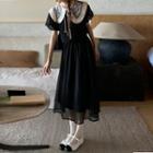 Set: Puff-sleeve Lace Collar Blouse + Midi A-line Skirt Set - Black - One Size