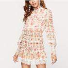 Set: Printed Long-sleeve Top + Lace Trim Mini Skirt