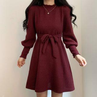 Stand Collar Tie-waist Knit Dress