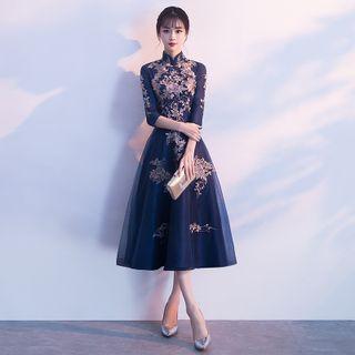 3/4-sleeve Embroidered Midi Prom Dress
