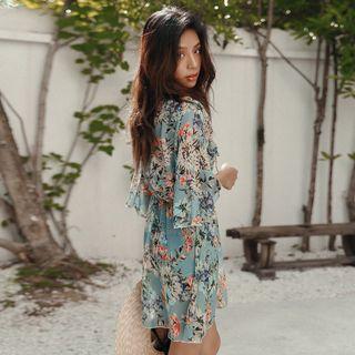Set: Floral Print Bikini + 3/4-sleeve Swim Dress
