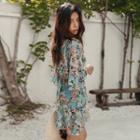Set: Floral Print Bikini + 3/4-sleeve Swim Dress