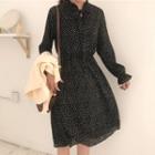 Dotted Long-sleeve Tie-neck A-line Dress