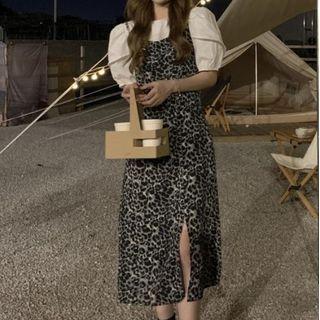 Puff-sleeve Shirt / Leopard Print Spaghetti-strap Dress