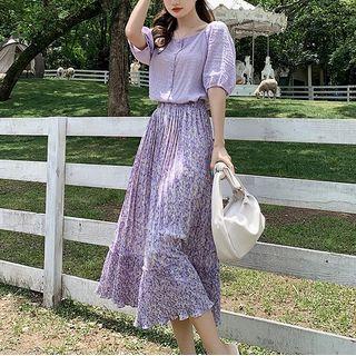 Set: Short Sleeve Blouse + Floral Print Skirt
