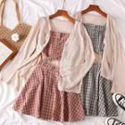 Set: Plaid Crop Top + A-line Skirt + Light Knit Cardigan