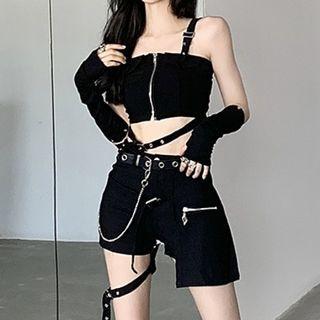 Set: Buckled Camisole Top + Shorts + Chain Belt + Arm Sleeves
