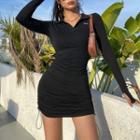 Polo Neck Side Drawstring Long Sleeve Skinny Mini Dress