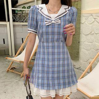 Puff-sleeve Sailor-collar Ruffle Hem Plaid Mini Dress / Midi Dress