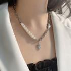 Heart Pendant Faux Pearl Chain Necklace Silver - One Size