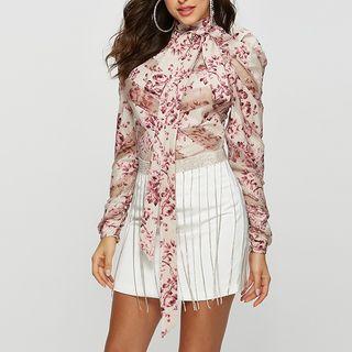 Flower Print Tie-neck Long-sleeve Chiffon Top