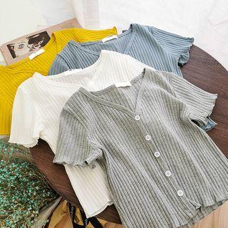 Buttoned Short-sleeve Rib Knit Cardigan