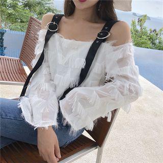 Off-shoulder Fringe Trim Long-sleeve Top