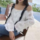 Off-shoulder Fringe Trim Long-sleeve Top